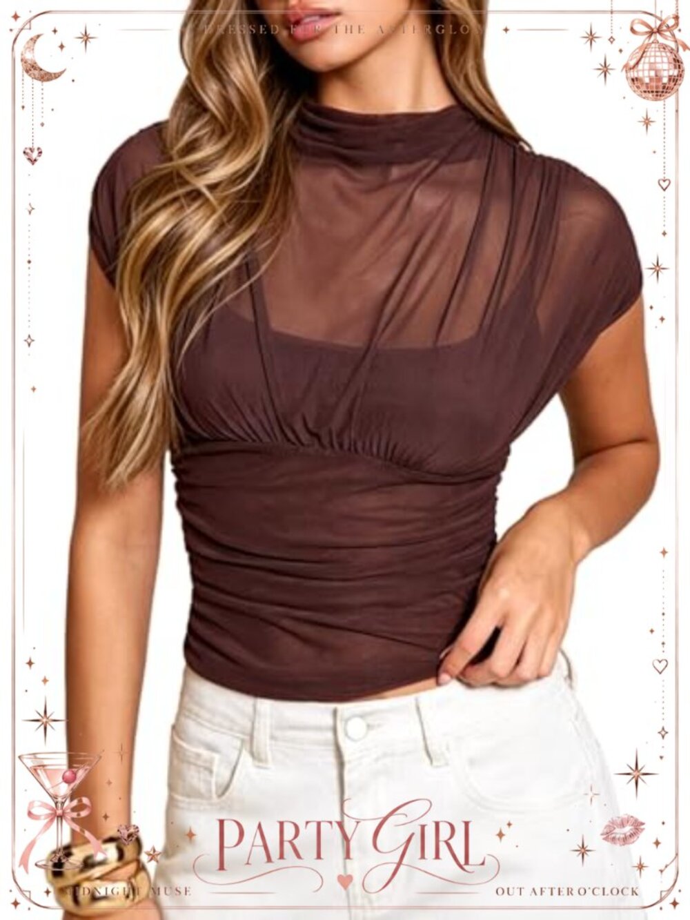 Sheer Mesh Crop Top Mock Neck Ruched Waist Double Lined Going Out Club Shirt